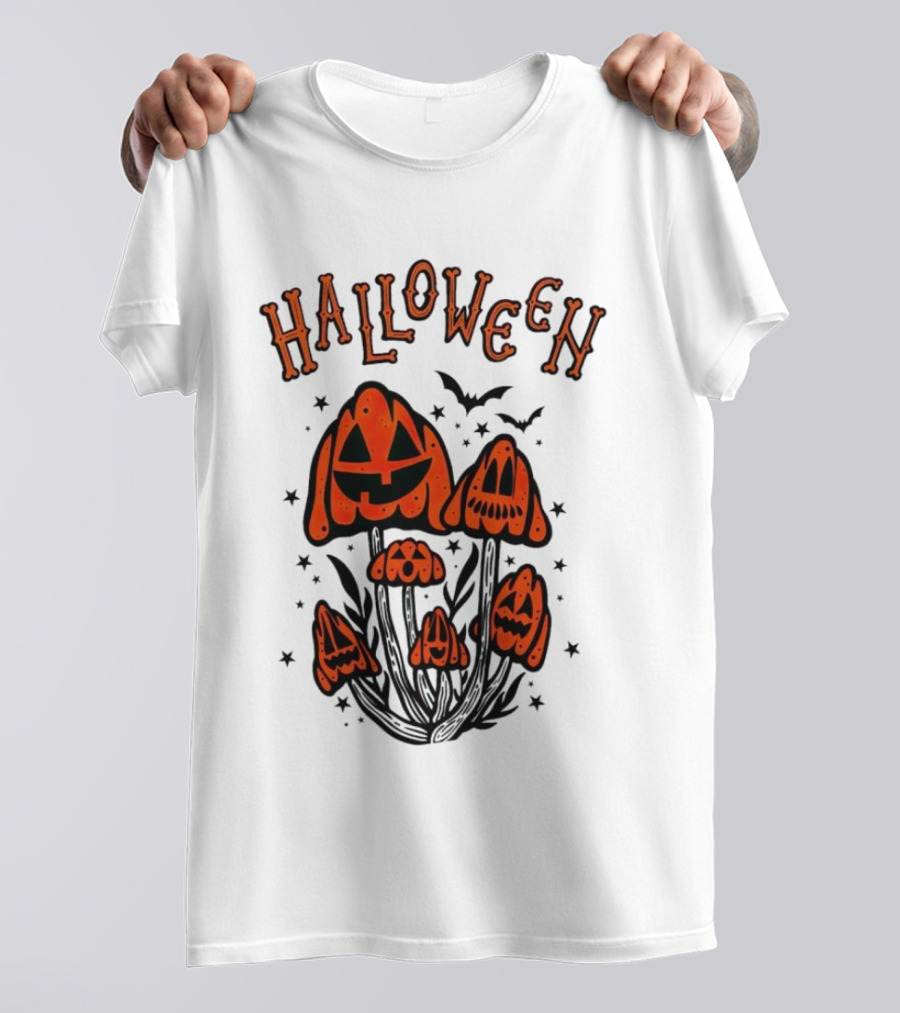 Halloween Pumpkin Mushrooms With Bats And Stars T-Shirt