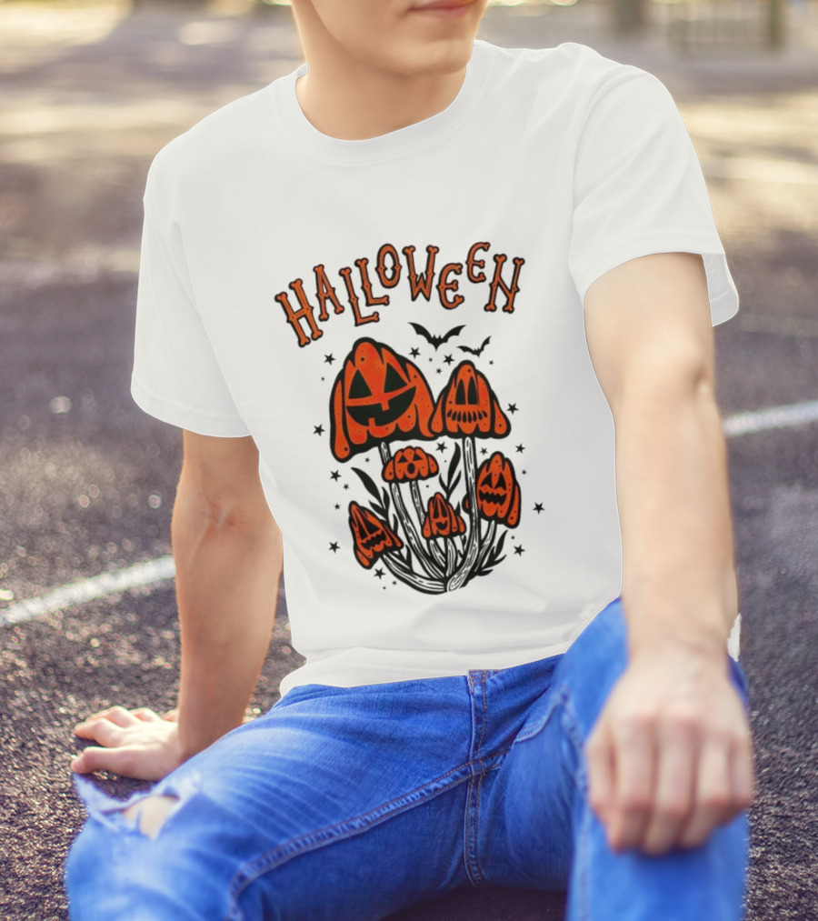 Halloween Pumpkin Mushrooms With Bats And Stars T-Shirt