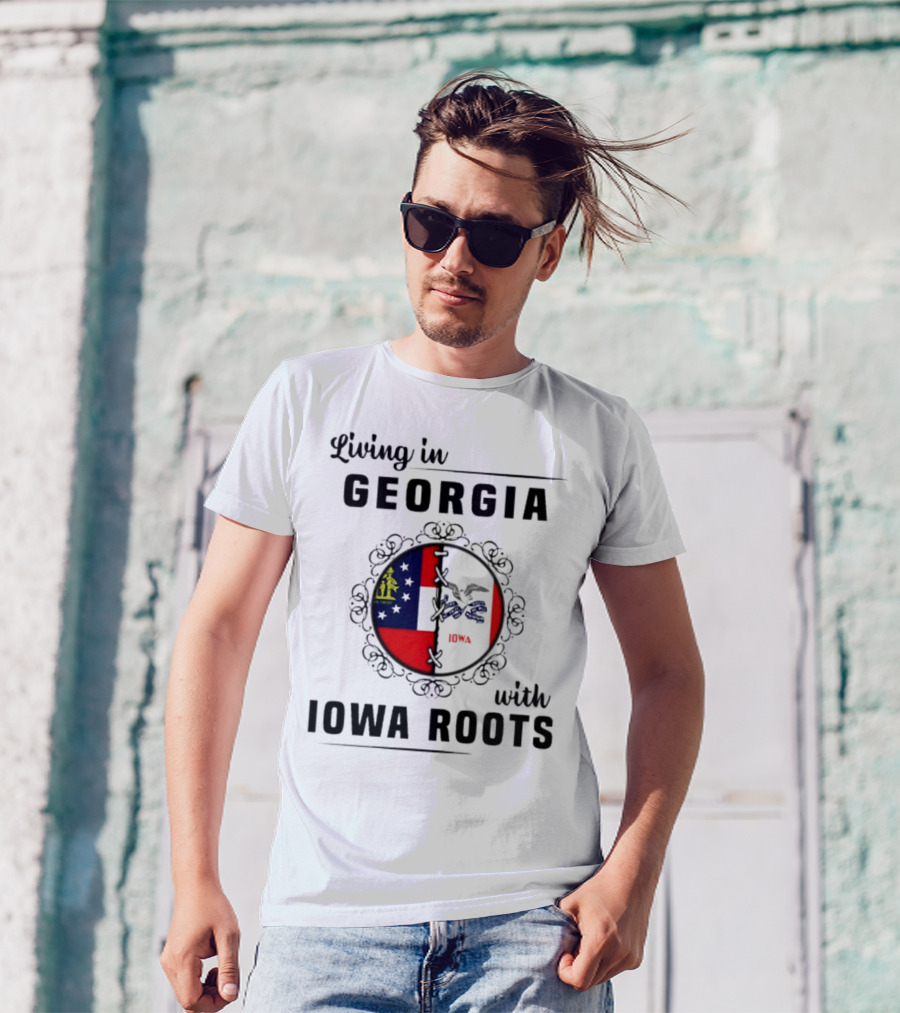 Living In Georgia Embracing Iowa Heritage With Combined State Flags T-Shirt