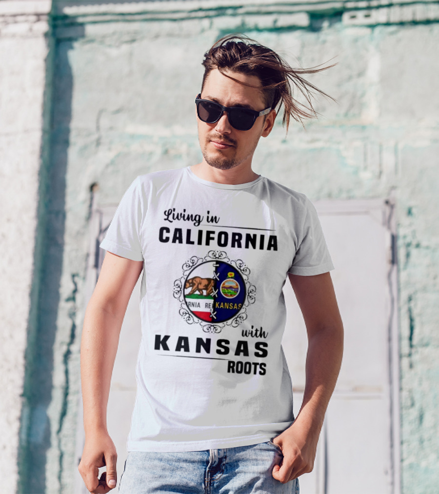 Living In California With Kansas Roots Bear And Sunflower State Flags T-Shirt