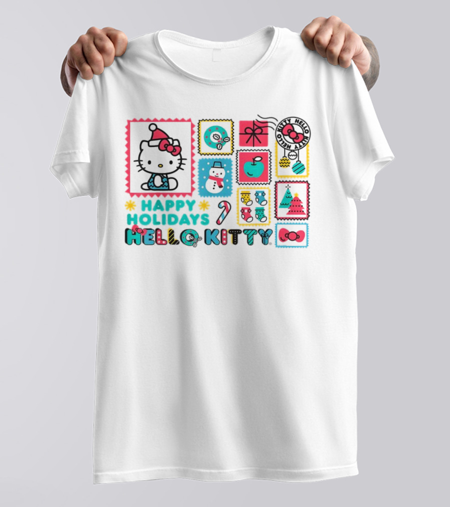 Happy Holidays Hello Kitty Merry Christmas Candy Cane Bow Trees Gift Snowman T-Shirt