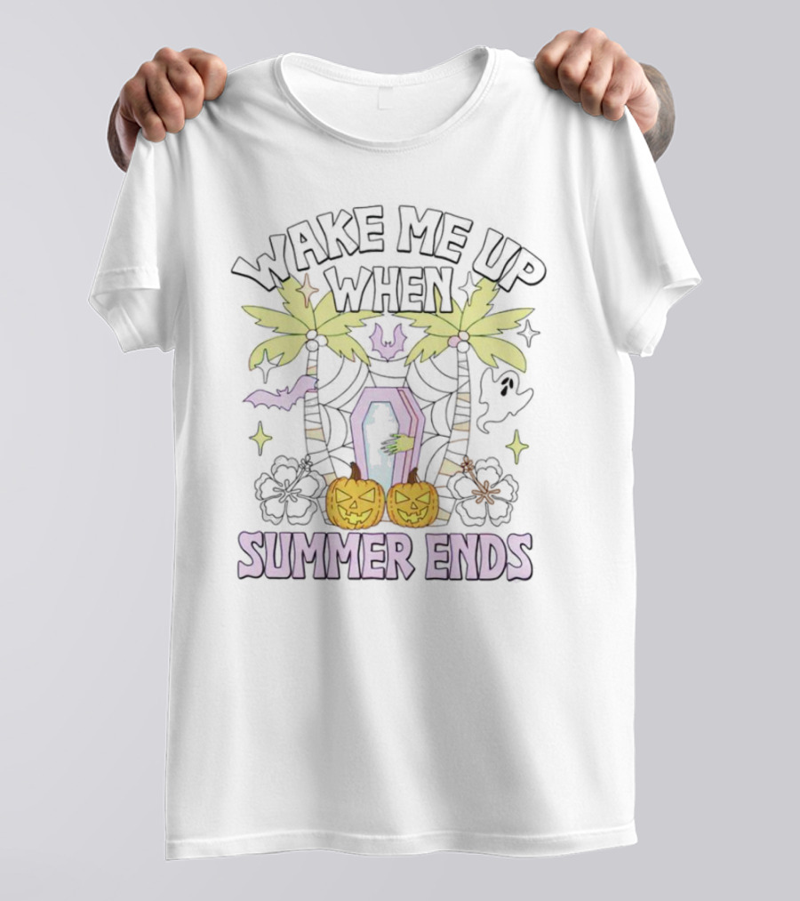 Wake Me Up When Summer Ends Coffin Palms Halloween Pumpkins Bats T-Shirt