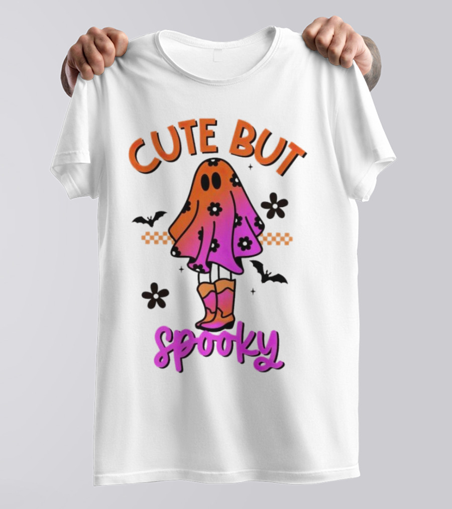 Cute But Spooky Halloween Ghost With Bat And Floral Boot Accents T-Shirt