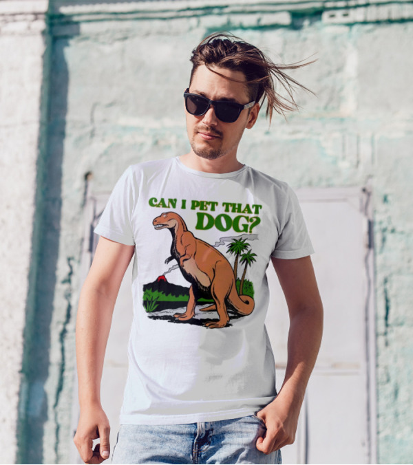 Can I Pet That Dog Dinosaur Volcano And Palm Trees T-Shirt