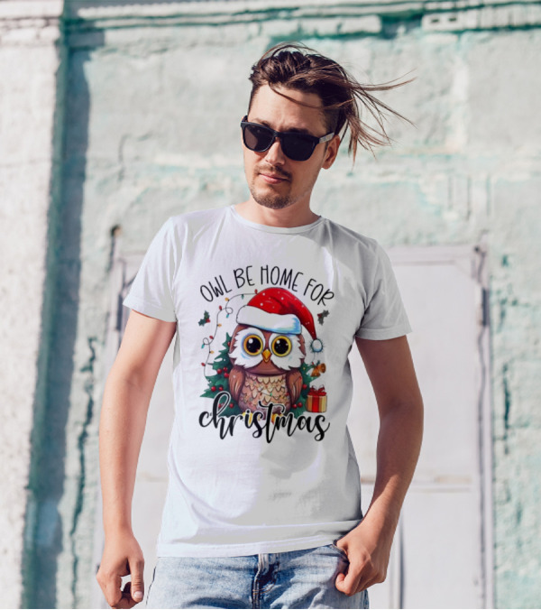 Owl Be Home For Christmas Santa Hat Owl Festive Lights Gift Box T-Shirt