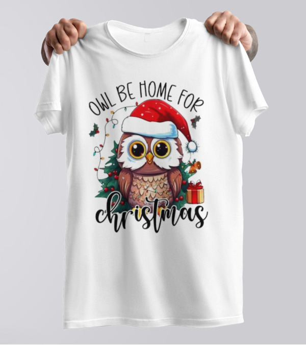 Owl Be Home For Christmas Santa Hat Owl Festive Lights Gift Box T-Shirt