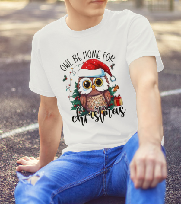 Owl Be Home For Christmas Santa Hat Owl Festive Lights Gift Box T-Shirt