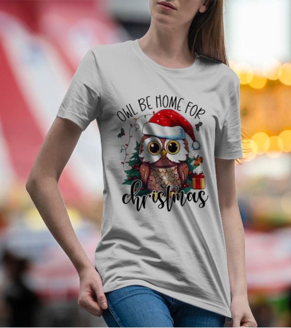 Owl Be Home For Christmas Santa Hat Owl Festive Lights Gift Box T-Shirt