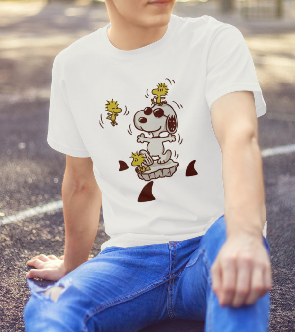 Snoopy And Woodstock Peanuts Dangerous Waters Shark Alert T-Shirt