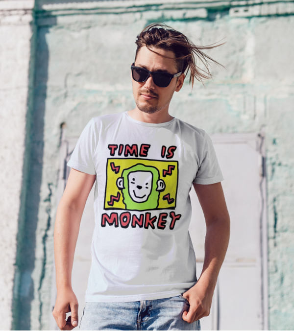 Time Is Monkey Green Highlighted Cartoon Face With Zigzag Lines T-Shirt