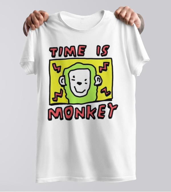 Time Is Monkey Green Highlighted Cartoon Face With Zigzag Lines T-Shirt