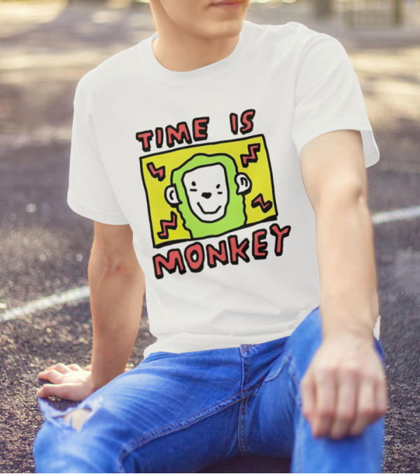 Time Is Monkey Green Highlighted Cartoon Face With Zigzag Lines T-Shirt