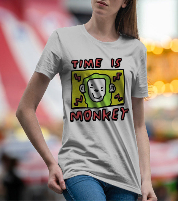 Time Is Monkey Green Highlighted Cartoon Face With Zigzag Lines T-Shirt