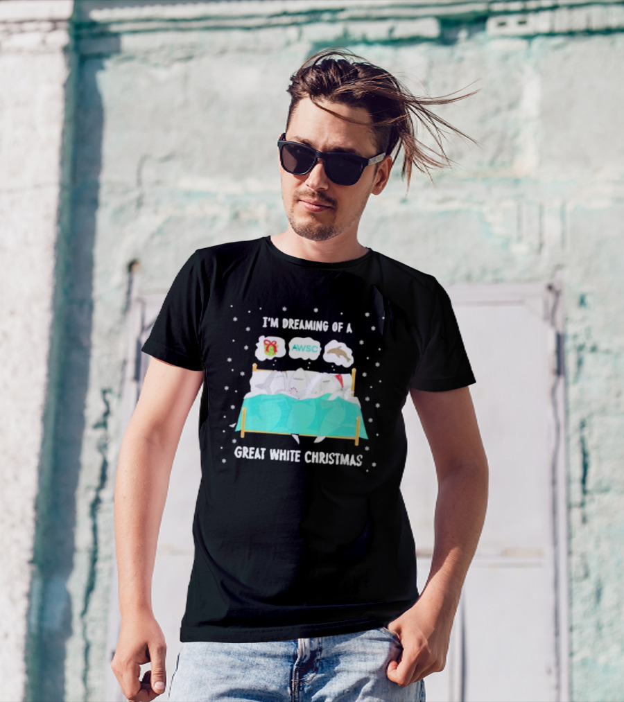 I'm Dreaming Of A Great White Christmas AWSC Shark In Bed With Snowflakes T-Shirt
