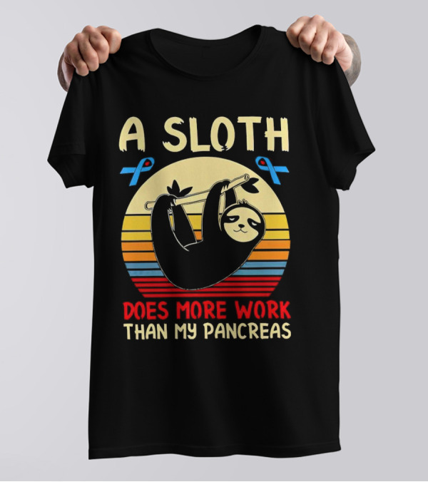 A Sloth Does More Work Than My Pancreas Vintage Style With Blue Diabetes Awareness Ribbons T-Shirt