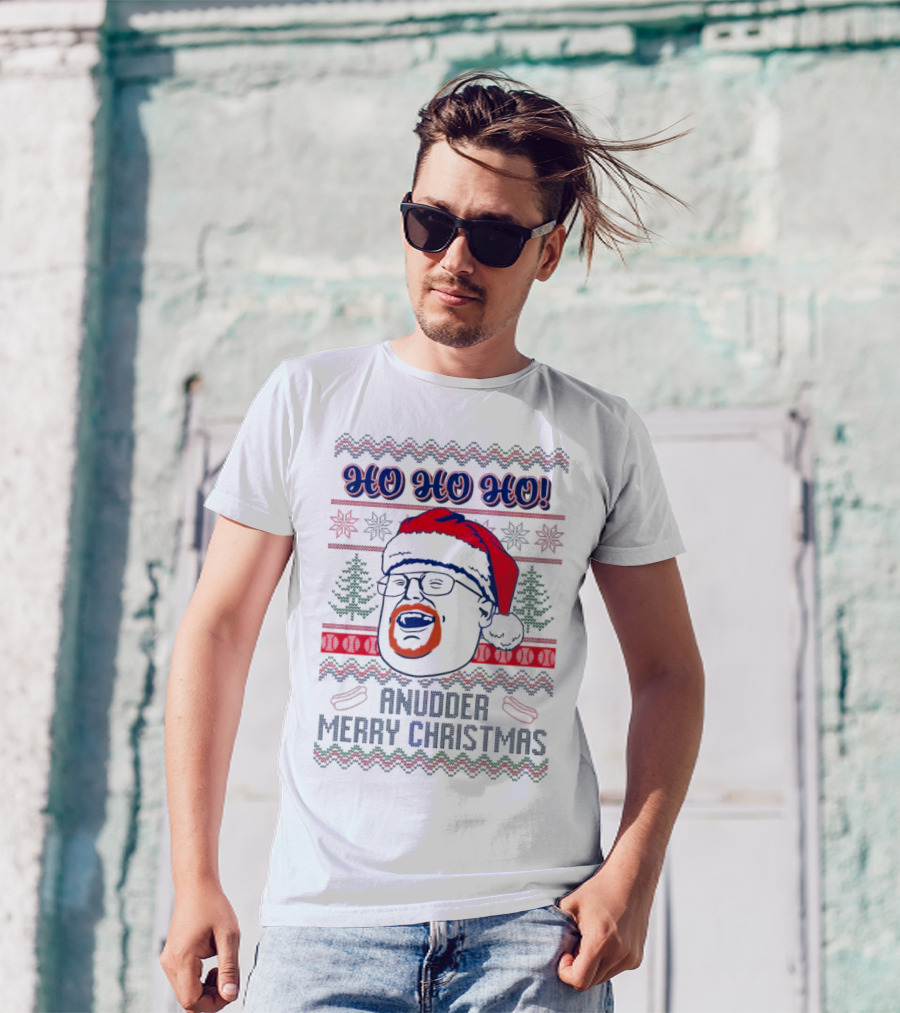 HO HO HO Anudder Merry Christmas Ugly Santa Beard Trees Snowflakes Sausages T-Shirt
