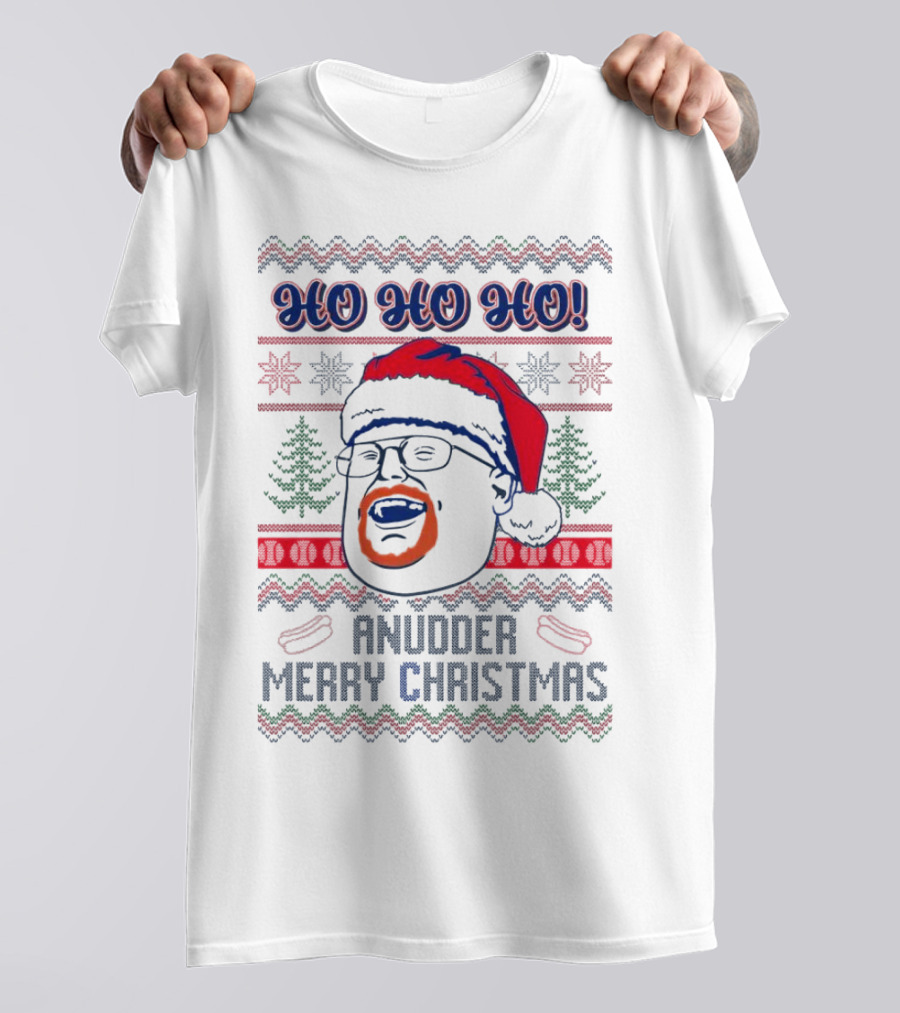 HO HO HO Anudder Merry Christmas Ugly Santa Beard Trees Snowflakes Sausages T-Shirt