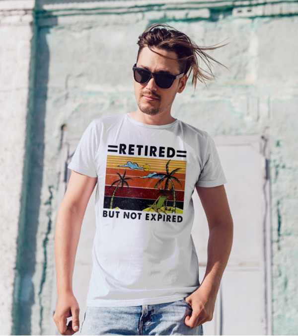 Retired But Not Expired Beach Vintage Sunset Palm Trees Chair Retro T-Shirt