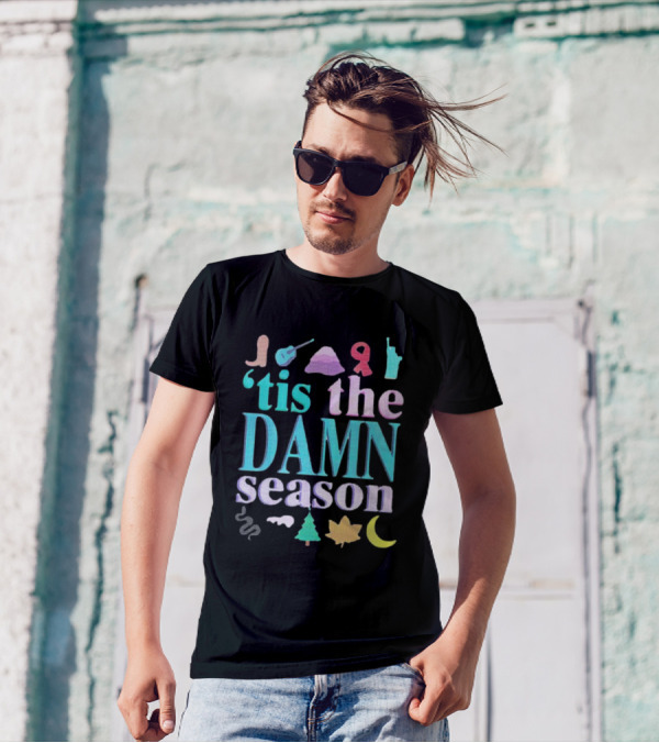 Tis The Damn Season Christmas Cowboy Boot Guitar Tree Moon T-Shirt