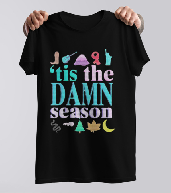 Tis The Damn Season Christmas Cowboy Boot Guitar Tree Moon T-Shirt