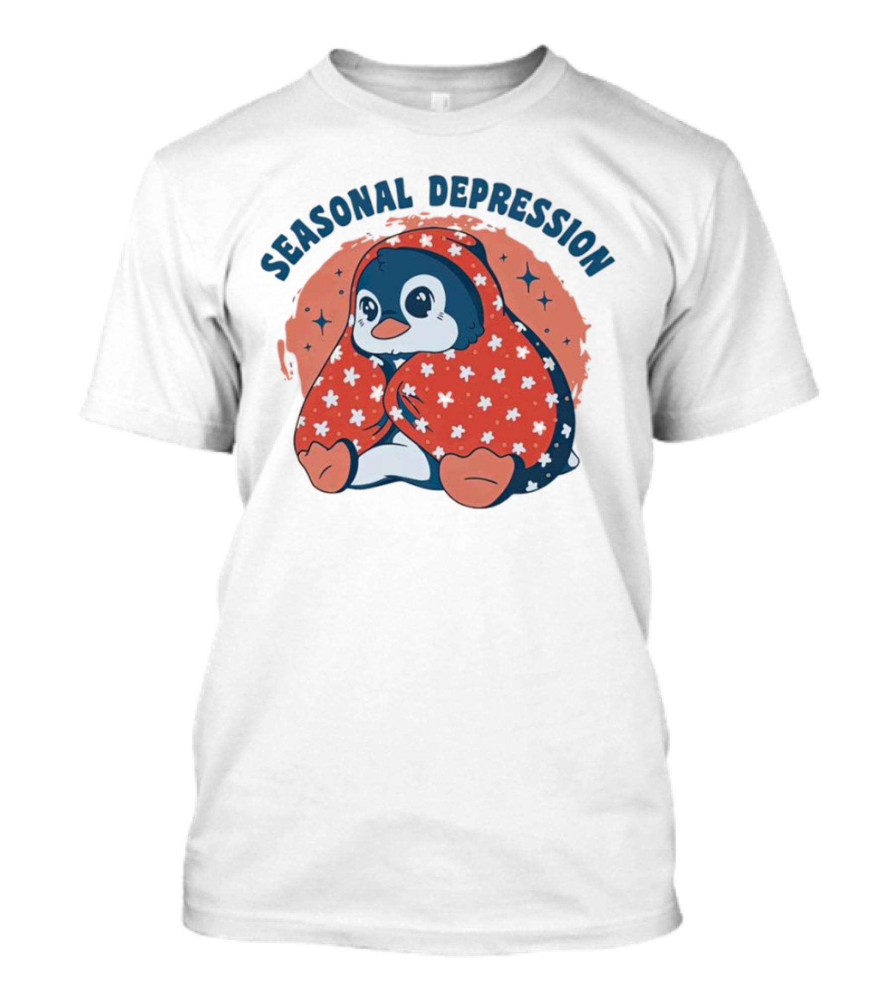 Seasonal Depression Penguin In Cozy Blanket With Stars And Flowers T-Shirt