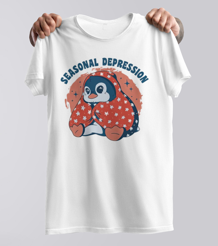 Seasonal Depression Penguin In Cozy Blanket With Stars And Flowers T-Shirt