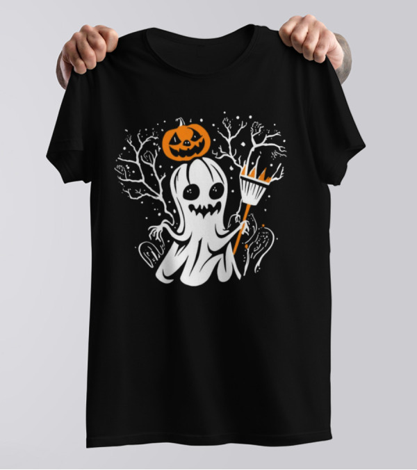 Pumpkin King Halloween Ghost With Broomstick T-Shirt