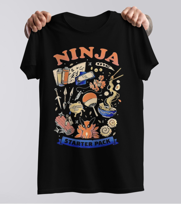 Ninja Starter Pack Kunai Scrolls Shuriken Ramen Chopsticks Anime Fox Pokeball T-Shirt