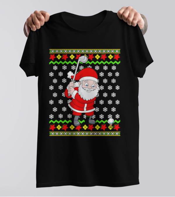 Santa Golfing Christmas Snowflakes Ugly T-Shirt
