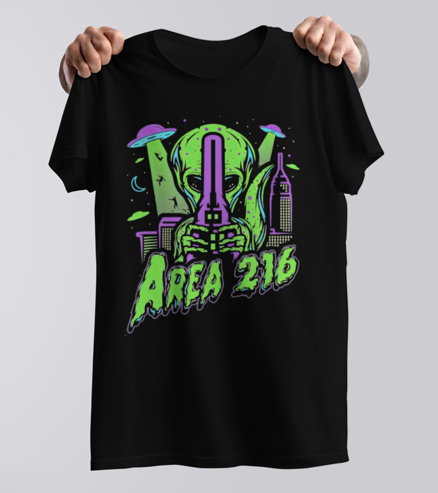Area 216 Alien UFO City Skyline Neon T-Shirt