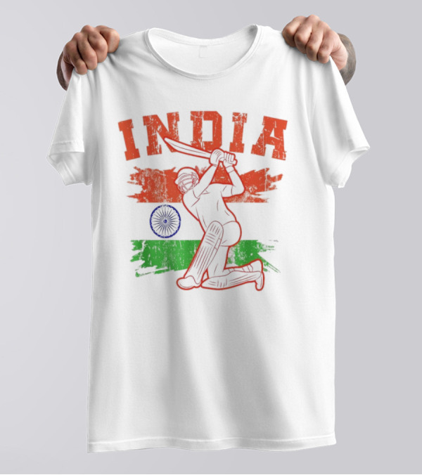 India Cricket Enthusiasts Batting Action With Ashoka Chakra T-Shirt