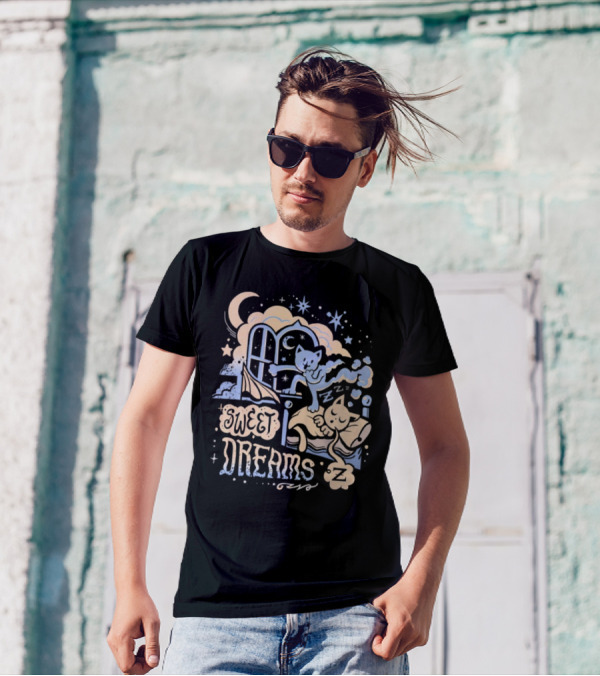 Sweet Dreams Dreaming Cat Under Moon And Stars T-Shirt