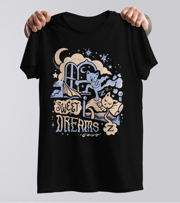 Sweet Dreams Dreaming Cat Under Moon And Stars T-Shirt