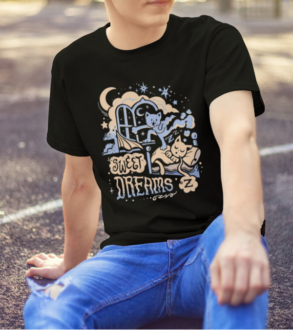 Sweet Dreams Dreaming Cat Under Moon And Stars T-Shirt
