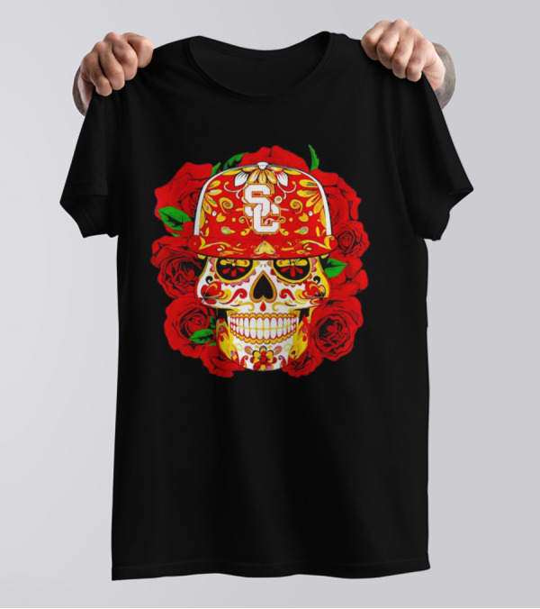 USC Sugar Skull With Roses And Cap T-Shirt