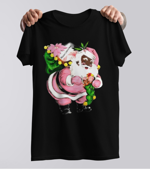 Merry Christmas Pink African-American Black Santa Claus With Gifts T-Shirt