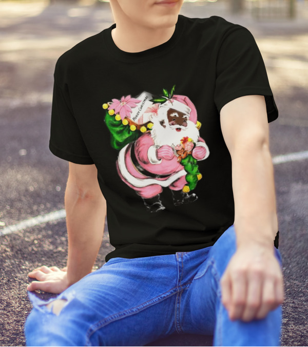 Merry Christmas Pink African-American Black Santa Claus With Gifts T-Shirt