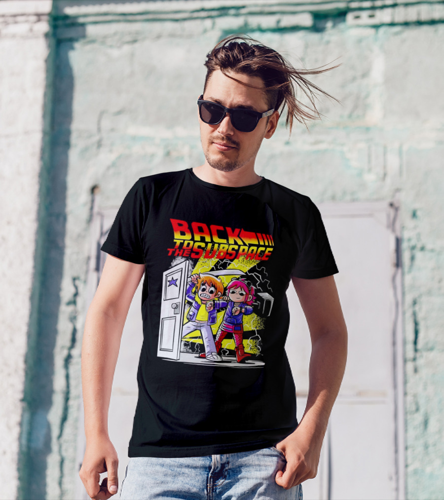 Back To The Subspace Scott Pilgrim And Ramona With Retro Door And Lightning T-Shirt
