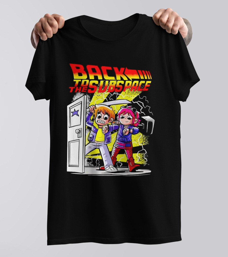 Back To The Subspace Scott Pilgrim And Ramona With Retro Door And Lightning T-Shirt