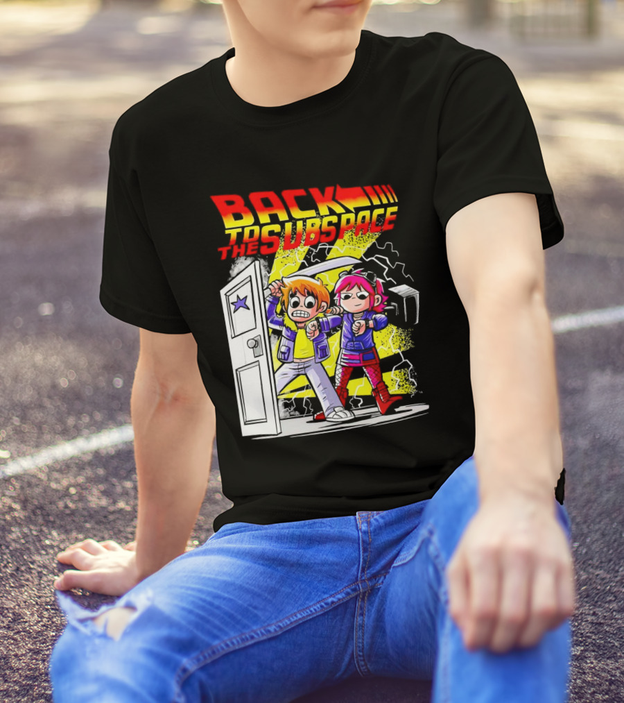Back To The Subspace Scott Pilgrim And Ramona With Retro Door And Lightning T-Shirt
