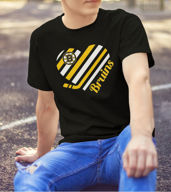 Boston Bruins Stripes Heart With Hockey Stick T-Shirt