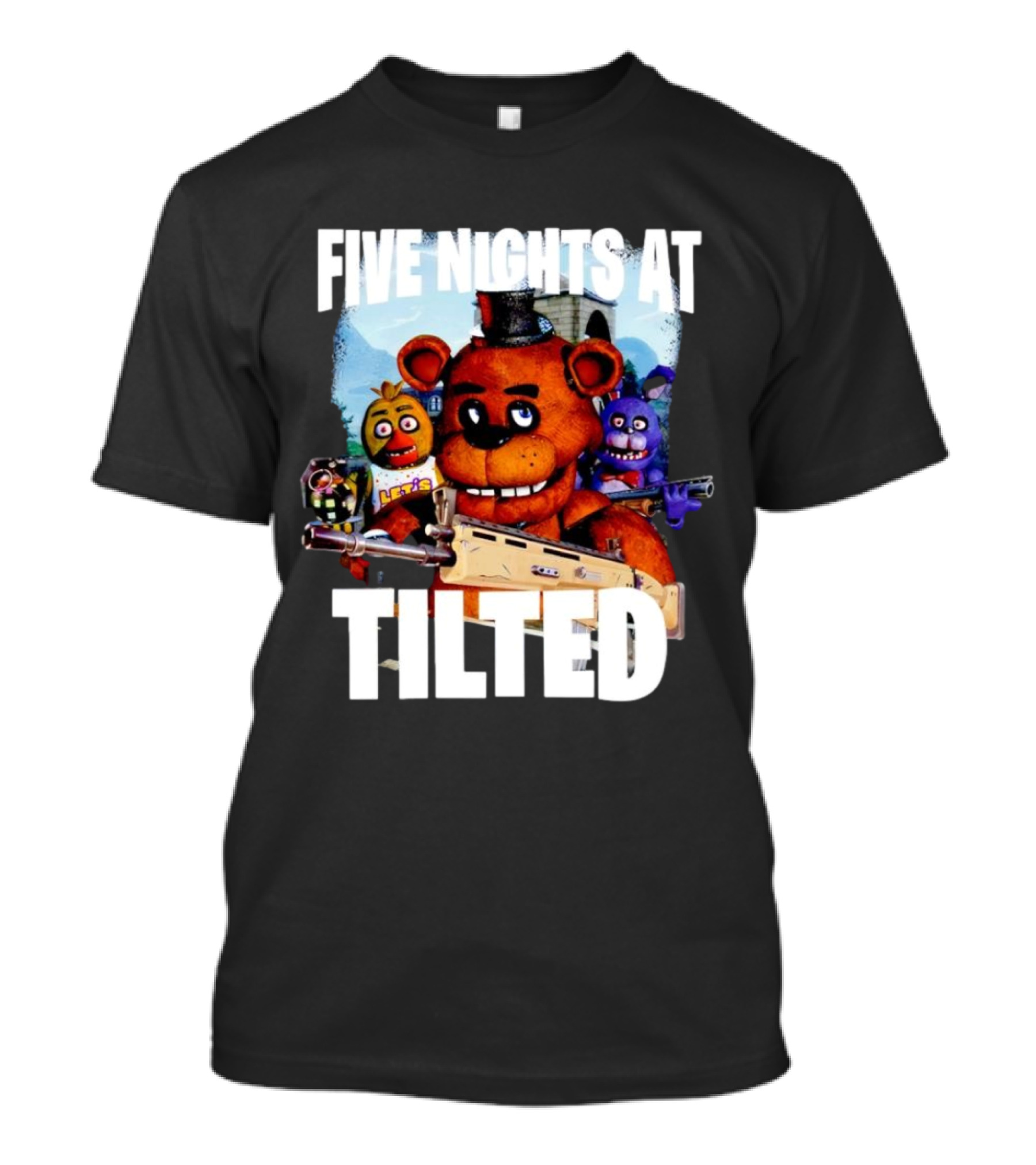 Five Nights At Tilted Freddy Bear Characters With Guns T-Shirt