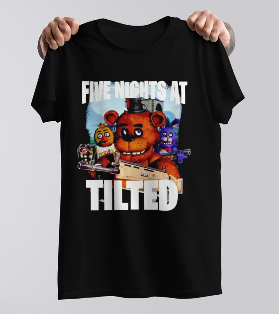 Five Nights At Tilted Freddy Bear Characters With Guns T-Shirt