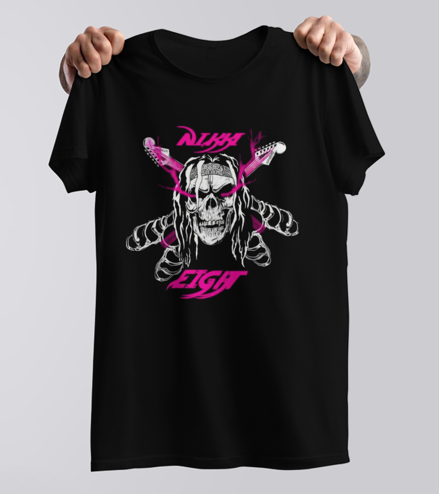 Nikki Eight Eight Skull Crossbones Guitars Pink Bandana T-Shirt