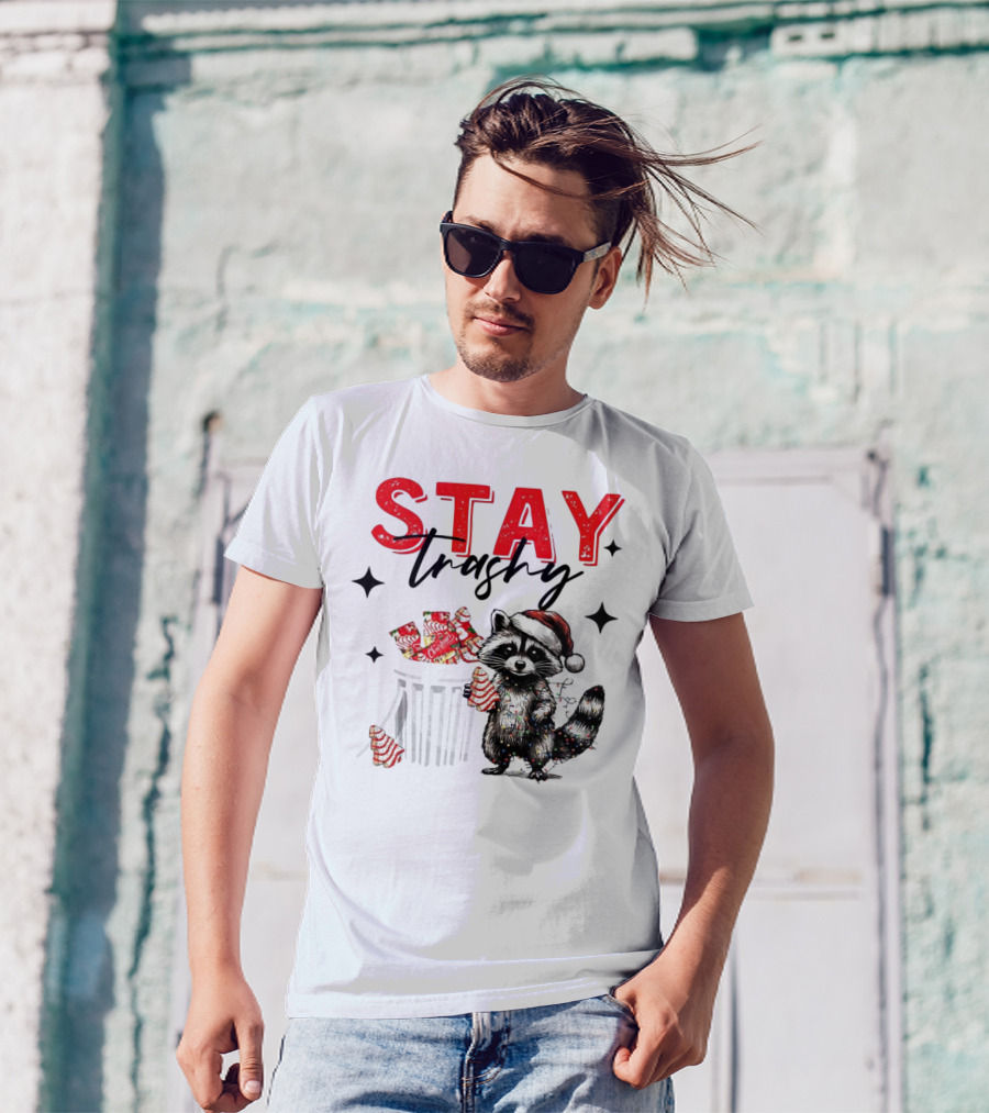 Stay Trashy Christmas Raccoon Santa Hat Trash Can Holiday Cheer T-Shirt