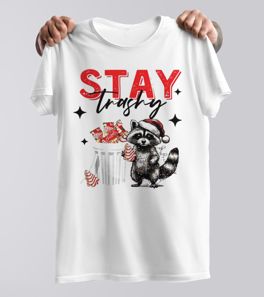 Stay Trashy Christmas Raccoon Santa Hat Trash Can Holiday Cheer T-Shirt