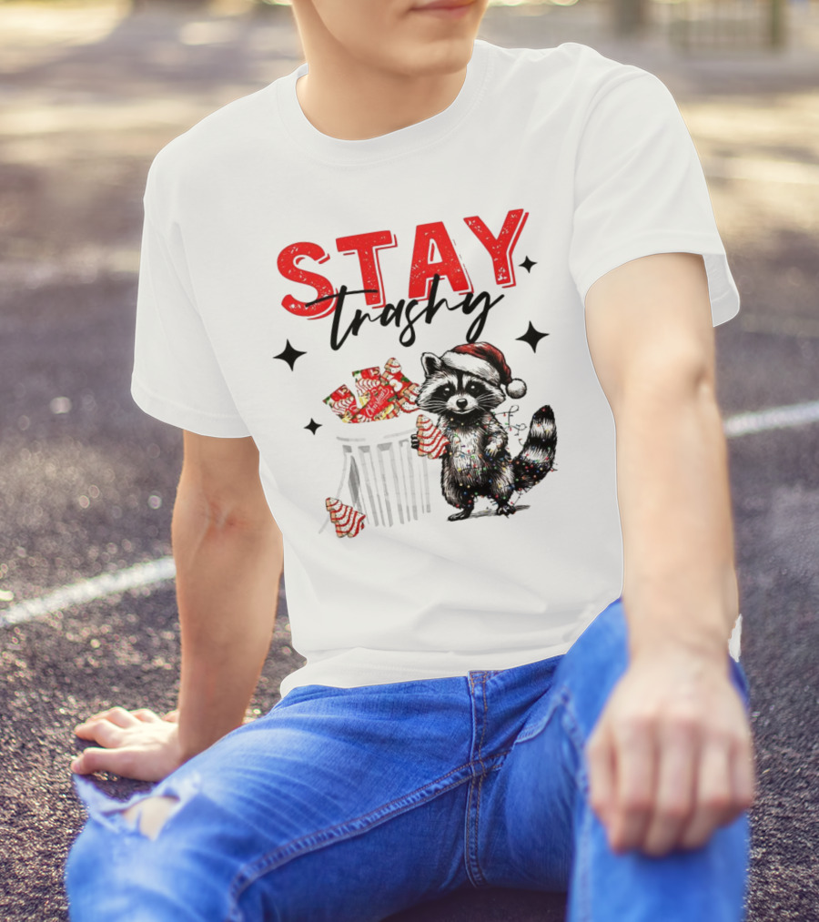 Stay Trashy Christmas Raccoon Santa Hat Trash Can Holiday Cheer T-Shirt