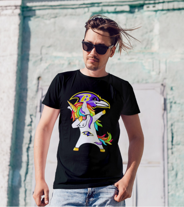 Unicorn Dabbing With Baltimore Ravens Logo And Rainbow Mane T-Shirt