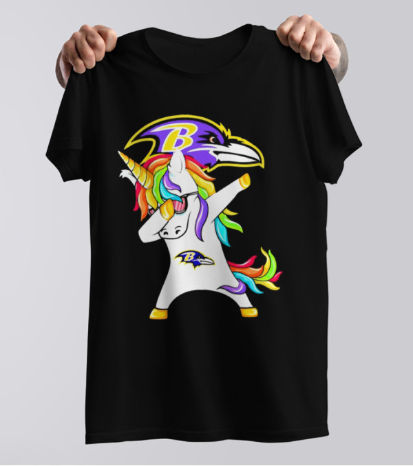 Unicorn Dabbing With Baltimore Ravens Logo And Rainbow Mane T-Shirt