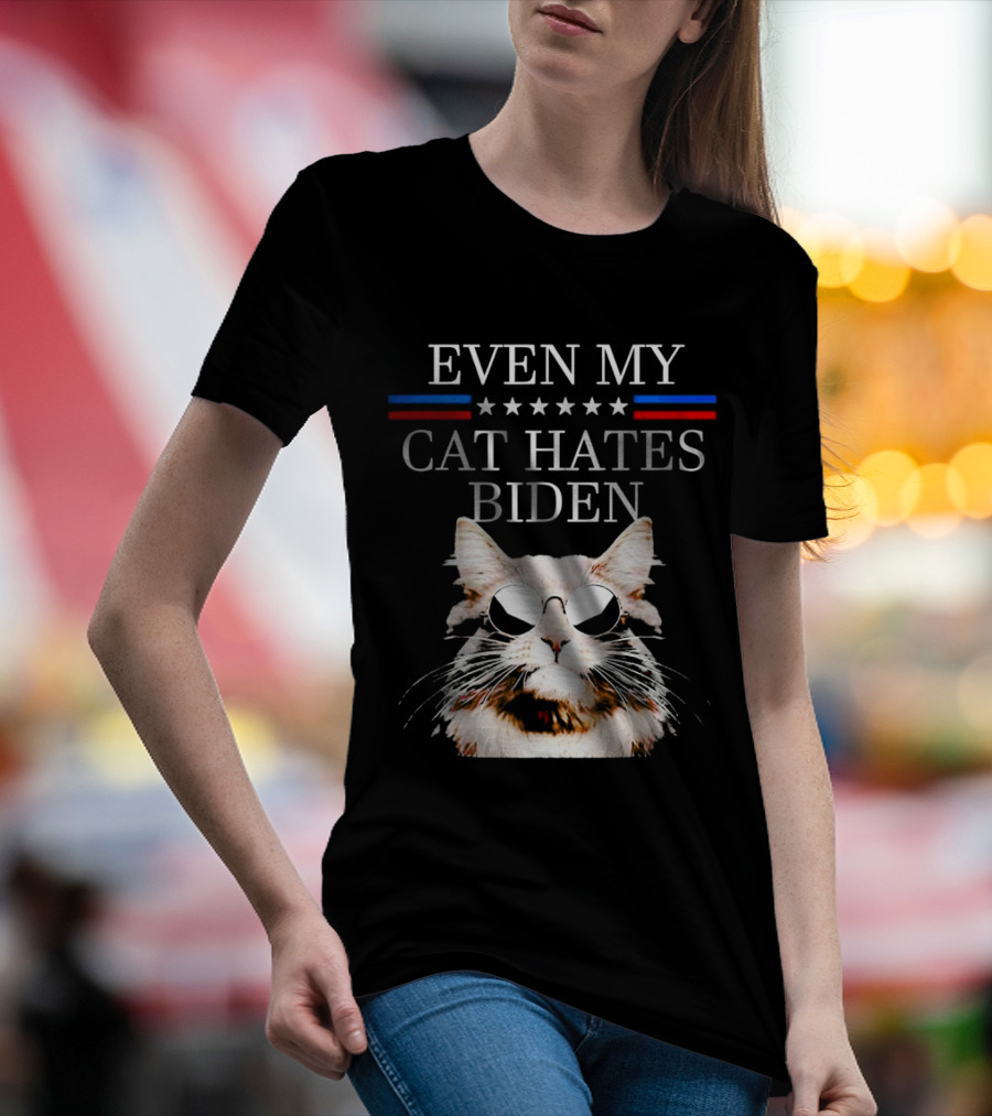Even My Cat Hates Biden Stars And Stripes Sunglasses Cat T-Shirt